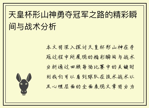 天皇杯形山神勇夺冠军之路的精彩瞬间与战术分析